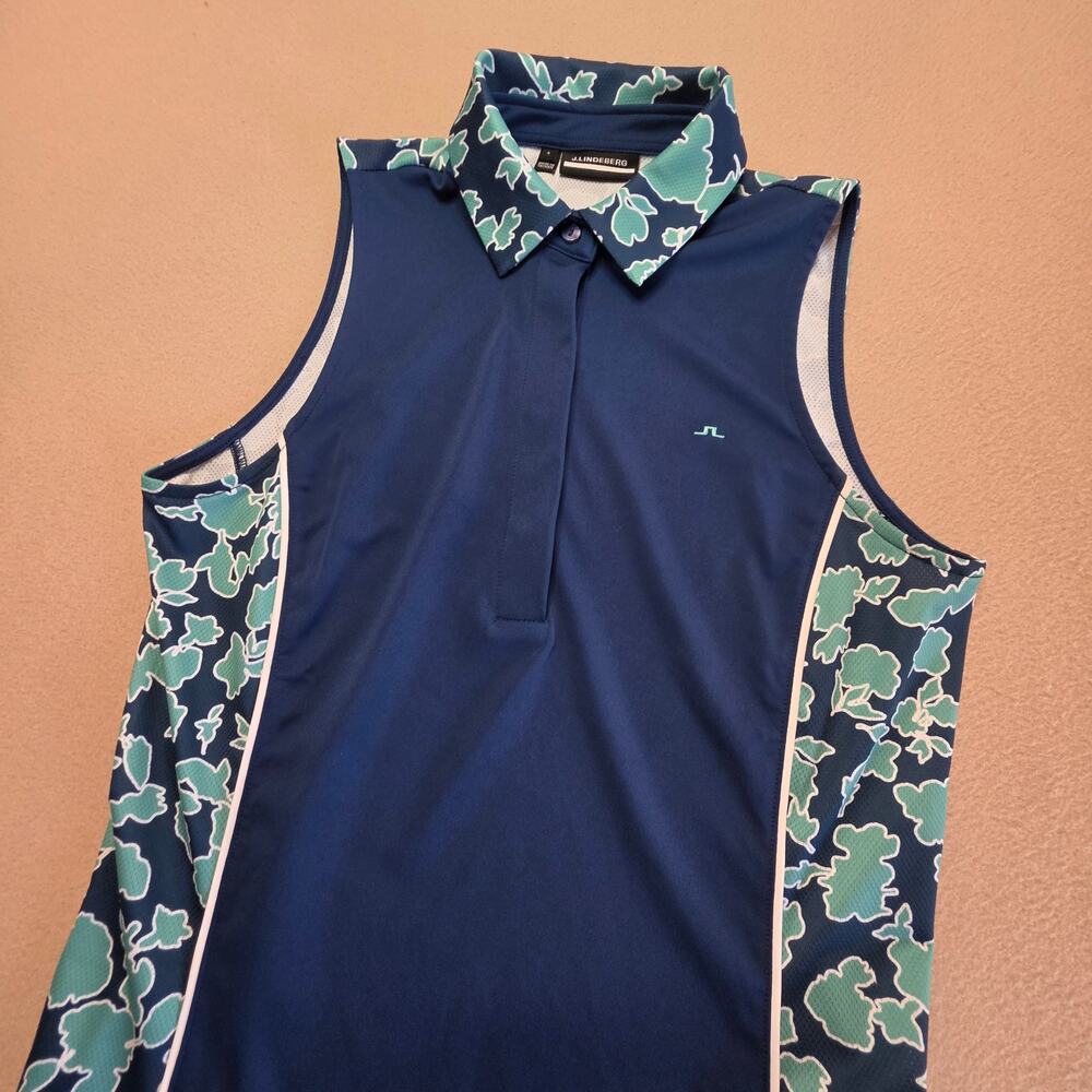 J.Lindeberg Dena Mesh Sleeveless Golf Tennis Polo Blue & Green Floral Sz Small